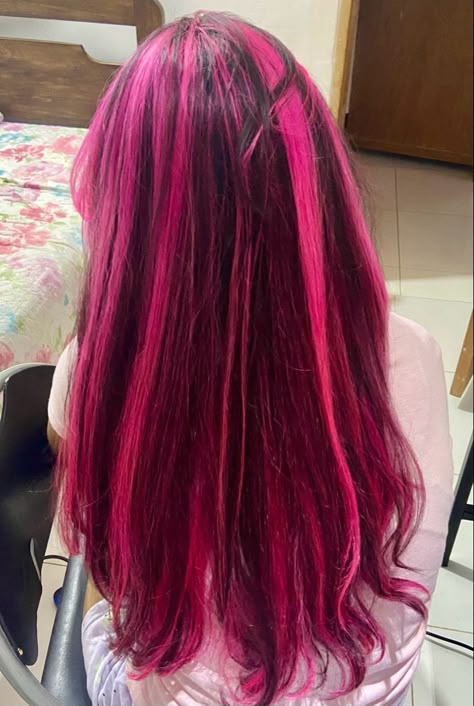 Pink And Black Hair Highlights, Pink Hair With Black Streaks, Dark Pink Hair With Light Pink Highlights, Black And Purple Highlights Hair, Pink Skunk Highlights, Dark Hair Pink Highlights, Draculaura Hair Dye, Draculaura Hairstyle, Curly Hairstyles Color Ideas