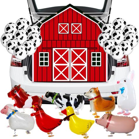 PRICES MAY VARY. Package Includes: the package includes a big barn door prop, with 1 piece of 19.6 ft white rope and 20 double sided stickers, 8 farm animal balloons and 25 cow print balloons, the sufficient quantity is enough to meet your Halloween farm decoration needs Quality Material: the barn background is made of quality PVC material, waterproof and durable; The farm animal balloons are made of quality polyester film material, which is reliable and sturdy, cow print balloons are made of la Farm Theme Trunk Or Treat, Farm Animal Balloons, Trunk Or Treat Decorations, Barn Door Backdrop, Halloween Archway, Cow Balloons, Halloween Farm, Door Backdrop, Duck Rabbit