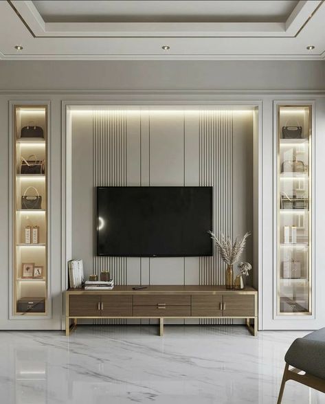 Classical Tv Unit Design, Tv Unit Design Modern For Bedroom, Classic Tv Wall Design, Elegant Tv Unit, Contemporary Tv Wall, Lcd Unit Design, Classic Interior Design Living Room, Living Room Designs India, Living Room Classic