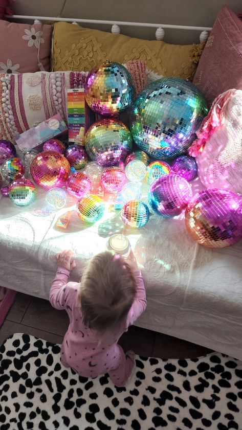 It's a Disco Party! How to Create Rainbow Disco Balls with Alcohol Inks Glitter Alcohol, Disco Ball Decor, Kid's Playroom, Disco Birthday Party, Disco Party Decorations, Disco Theme, Cowgirl Party, Diy Spa, Disco Balls