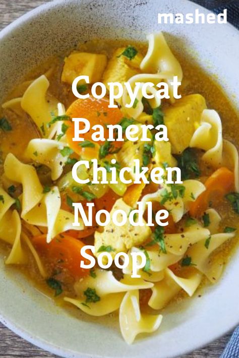 Try this copycat Panera chicken noodle soup recipe that's easy to make at home! #panera #chickennoodlesoup #chickennoodles #recipesfordinner #recipeideas #recipeswithchicken #copycat #copycatrecipes Panera Chicken Noodle Soup, Soft Vegetables, Panera Soup, Comfort Chicken, Sunday Soup, Soup Chicken Noodle, Chewy Noodles, Panera Recipes, Chicken Noodle Soup Recipe Homemade