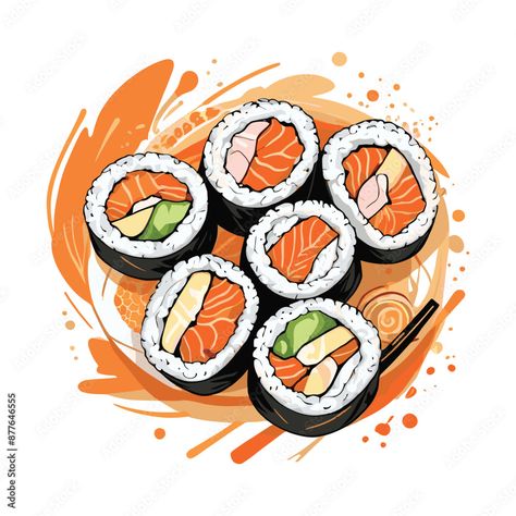 Colorful Sushi Rolls set Vector Illustration Sushi Vector, Sushi Illustration, Sushi Drawing, Sushi Cartoon, Sushi Logo, Sushi Master, Snake Drawing, Sushi Platter, Tattoo Reference