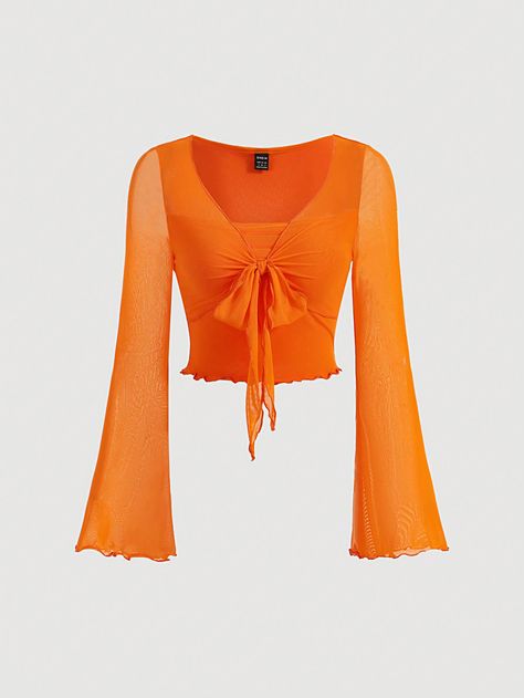 Orange Casual,Sexy Collar Long Sleeve Knitted Fabric Plain  Embellished Medium Stretch  Women Clothing Orange Bell Sleeve Top, Outfit With Orange Shirt, How To Style Orange Shirt, Orange Top Outfit, Orange Clothes, Top Manga Larga, Orange Long Sleeve Shirt, Orange Tops, Orange Outfit