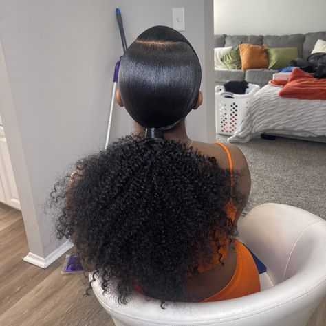 Side Part Low Curly Ponytail Black Women, Slick Back Puffy Ponytail Weave, 2 Curly Buns With Swoop, Swoop With Puff, Puffy Slick Back Ponytail, Side Swoop Ponytail Weave Curly, Hairstyles With A Swoop, Curly Ponytail With Swoop, High Puff Ponytail Weave