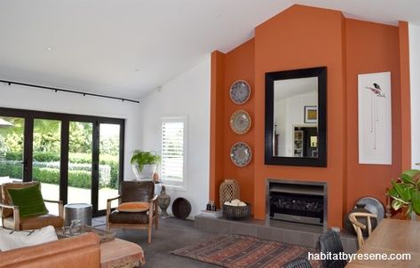 Room Colors Wall, Orange Feature Wall, Wall Paint Color Schemes, Orange Accent Walls, Burnt Orange Living Room, Wall Paint Color, Soothing Bedroom, Colors Wall, Living Room Orange