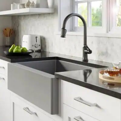 Farmhouse/Apron-Front Quartz Composite 34 in. Single Bowl Kitchen Sink in Grey Grey Farmhouse Kitchen, Kitchen Color Palettes, Topmount Sink, Apron Front Kitchen Sink, Kitchen Faucets Pull Down, Retractable Hose, Farmhouse Apron, Farmhouse Aprons, Sleek Kitchen