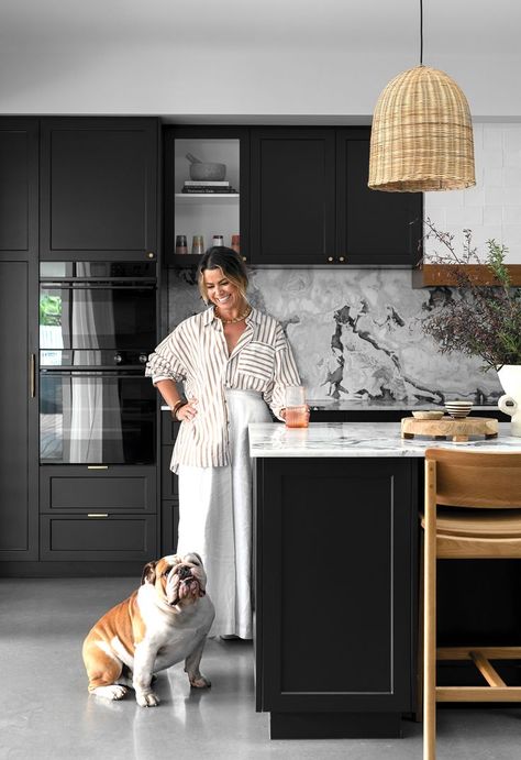 Black And Marble Kitchen, Workers Cottage, Black Kitchen Island, Burleigh Heads, Black Interior Design, Marble Kitchen, Tail Wagging, Black Dining Room, Fresh Color Palette