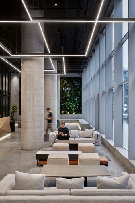 Gallery of Bevel Apartments / ODA New York - 30 Office Reception Lighting, Brick Bathroom Wall, Bar Reception, Brick Bathroom, Lobby Lighting, Reclaimed Wood Kitchen Island, Apartment Lobby, Mises En Page Design Graphique, Lloyds Bank