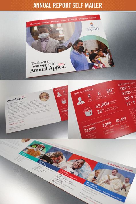 This trifold impact report self mailer was also used to say thank you to donors and promote Giving Tuesday through highlighting areas of support from their annual appeal. Nonprofit Annual Report Design, Nonprofit Annual Report, Direct Mailer, Annual Campaign, Impact Report, Mailer Design, Printed Portfolio, Annual Report Design, Nonprofit Fundraising