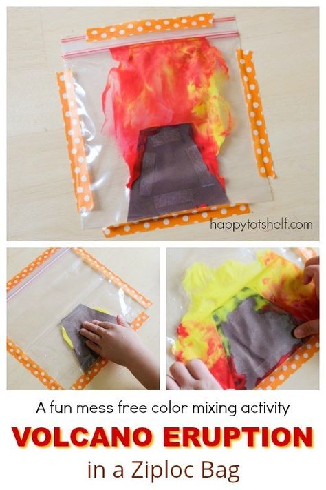 Volcano Eruption Painting in a Ziploc Bag. Mess free art for children and learn color mixing at the same time - Happy Tot Shelf  #volcanotheme #interestledlearning #handsonlearning #processartforkids Volcano Activities For Preschool, Preschool Volcano, Volcano Project For Kids, Volcano Craft, Volcano Potatoes, Volcano Drawing, Volcano Project, Volcano Art, Volcano Projects