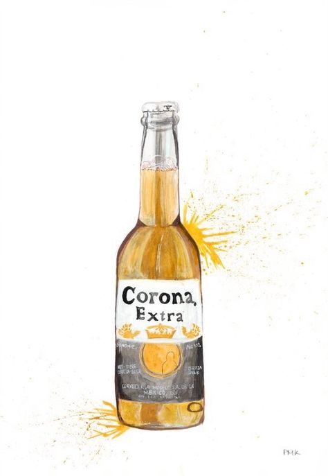 Corona beer bottle done in Bombay inks. 42cm x 29.7cm (A3) Beer Bottle Painting, Beer Drawing, Beer Bottle Art, Beer Painting, Bottle Drawing, Beer Art, Beer Poster, College Room, Alcohol Bottles