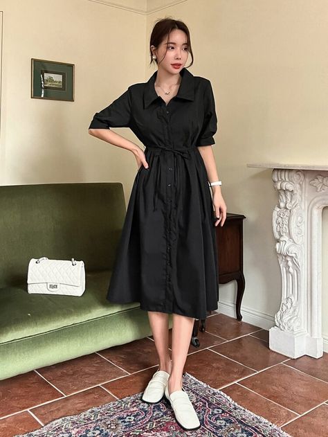 Bishop Sleeve Dress, Short Long Dresses, Long Midi Dress, Belted Shirt Dress, Bishop Sleeve, Black Shirt Dress, Green And Khaki, Black Style, Xl Dress