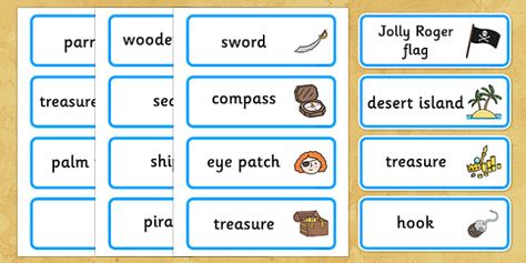 Pirates Word Cards - Pirate, Pirates, Topic, Word card, word cards, pirate, pirates, treasure, ship, jolly roger, ship, island, ocean Jolly Roger Ship, Pirate Vocabulary, Pirate Words, Treasure Ship, Pirates Treasure, Primary Resources, The Pirate, Preschool Themes, Desert Island