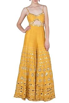 Mustard yellow embroidered cutout jumpsuit available only at Pernia's Pop Up Shop. Noodle Strap Dress, Indian Jumpsuit, Papa Don't Preach, Haldi Dress, Noodle Strap, Haldi Outfits, Haldi Outfit, Trendy Outfits Indian, Mehendi Outfits