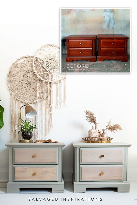 Bedroom Dresser Ideas, Boho Nightstand, Painted Kitchen Tables, Nightstand Makeover, Salvaged Inspirations, Dresser Ideas, Revamp Furniture, Painted Side Tables, Diy Nightstand