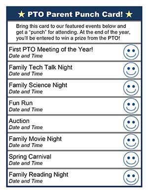 Pto Parent Punch Card, Parent Association Ideas, Parent Teacher Fellowship, Pto Snack Ideas, Parent Advisory Committee Ideas, Parent Workshops At School, Home And School Association Ideas, Parent Workshop Ideas, Elementary Assembly Ideas