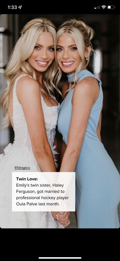 Emily Ferguson, Twin Sisters, Wedding Hair And Makeup, Hockey Players, Got Married, Wedding Hairstyles, Hair Makeup, Bridesmaid Dresses, Wedding Dress