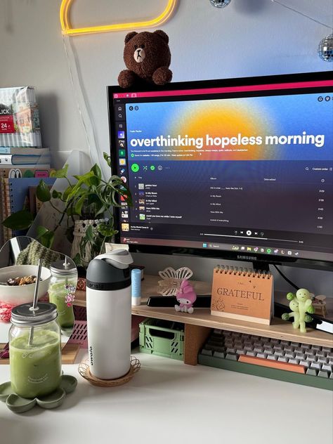 Aesthetic Desktop Setup, Morning Spotify Playlist, Study Set Up Aesthetic, At Work Office Decor, L Shaped Desk Setup, Cubicle Aesthetic, Comfy Office Space, Cute Green Aesthetic, Wfh Desk Setup