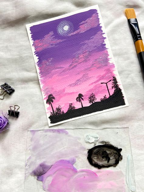 Gouache painting / aesthetic painting / sunset painting / silhouette painting Pink Sky Painting, Aesthetic Watercolor Painting, Pink Scenery, Painting Silhouette, Aesthetic Watercolor, Painting Sunset, Painting Aesthetic, Silhouette Painting, Sunset Aesthetic