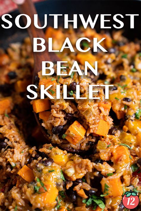 Meals With Black Beans, Black Bean Skillet, Sweet Potato Burger, Skillet Pie, Trumpet Plant, Spanish Meals, Angel Trumpet Plant, Potato Burger, Black Bean Sweet Potato