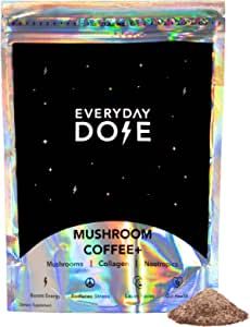 Everyday Dose mushroom coffee is an alternative to stimulants and highly caffeinated drinks.
It relies primarily on a signature blend of mushrooms, collagen, and nootropics to activate dopamine, serotonin, and endorphins in the body.
It uses 100% fruiting body mushroom extracts with a double extraction process.
It has low-acidity extract for optimal caffeine dose (39 mg) and taste, without upsetting your gut or adrenals.
It is USDA Organic.
It also includes L-Theanine which helps with memory Everyday Dose, Four Sigmatic, Caffeine Drinks, Improve Energy, Mushroom Powder, Collagen Protein, Mushroom Coffee, Organic Coffee, Natural Supplements