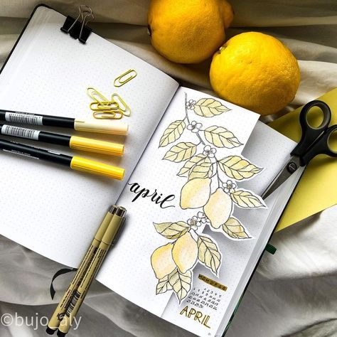 April Spread, April Bullet Journal, Lemon Theme, Bullet Journal Cover Page, Bullet Journal Cover Ideas, Desain Quilling, Bullet Journal Paper, Diy Journal Books, Bullet Journal Diy