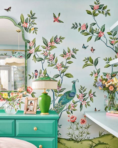 Rachel Battais Interiors & Architecture Fig Blossom, Blue Chinoiserie Wallpaper, Chinoiserie Bedroom, Chinoiserie Panels, Modern Chinoiserie, Chinoiserie Fabric, Peony Fabric, Blossom Wallpaper, Chinese Wallpaper