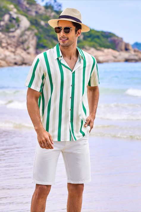 The Men's striped shirts are made of skin-friendly, wrinkle resistant, lightweight and breathable material, give you a feeling of comfort, make you feel cool on a hot summer day. #men #striped #summer #beach #shirt Beachy Button Up Shirt Outfit, Tropical Island Outfits, Miami Outfits Men, Thailand Outfits, Thailand Outfit, Beach Outfit Men, Hawaiian Summer, Oxford Shirt Men, Beachy Outfits