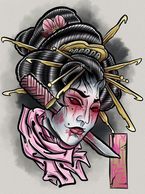 Geisha Namakubi, Namakubi Geisha, Namakubi Tattoo Design, Small Japanese Tattoo, Geisha Drawing, Joker Tattoo Design, Dragon Tattoo Art, Geisha Tattoo, Japan Tattoo Design