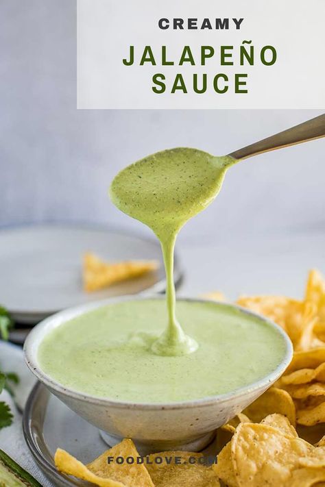 Jalapeno Cream Sauce Recipe, Jalapeno Sauce Recipe, Jalapeno Cream Sauce, Homemade Sweet Chili Sauce, Creamy Jalapeno Sauce, Dip For Tortilla Chips, Veggie Fritters, Cream Sauce Recipe, Tomatillo Sauce