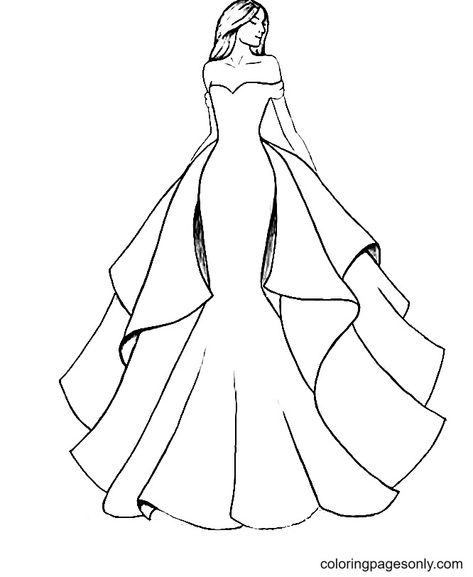 931 Fashion Coloring Pages - ColoringPagesOnly.com Fancy Dress Drawing, Alessandra Core, Dress Coloring Pages, Design Coloring Pages, Fashion Coloring Pages, Bride Fashion Illustration, Dress Outline, Coloring Pages Ideas, Pages Ideas