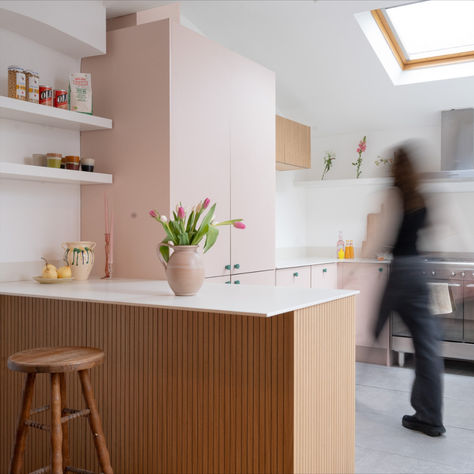 The Rookery Road Kitchen is a superb demonstration of how to use colour in your Kitchen. The newly renovated home housed traditional features throughout including stained glass windows, extravagant cornice detailing and bright blue Victorian double doors. The clients wanted to mirror these traditional themes into the kitchen whilst having a playful, contemporary and fresh space Oak Kitchens, Oak Kitchen, Pink Kitchen, Cornice, Stained Glass Windows, Double Doors, Bright Blue, Bristol, Modern Kitchen