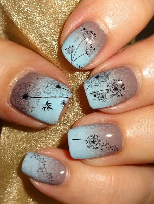 Dandelion Acrylic Nails, Nail Art Dandelion, Nails Dandelion Design, Dandelion Nail Art Design, Dandelion Nail Designs, Dandelion Manicure, Nails With Dandelion, Dandelion Nails Design, Nails Dandelion