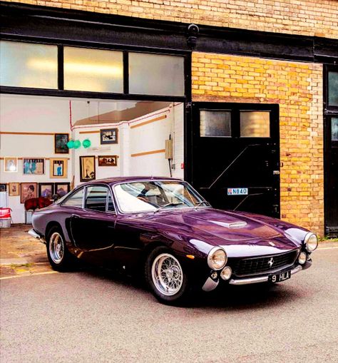 1964 Ferrari 250 GT Lusso 3 Litre V12 Berlinetta designed by PininFarina. This is one of 23 Right Hand Drive (RHD) Lusso's owned by Bill Collins. Originale the Lusso was Silver Metallic, but Bill let it be painted 50 years ago in this Roman Purple. The pictures are in the streets of Georgian Squares in London driven with the nice Turrino Knock-Off Wire Wheels. Serial number is 5467GT and License Plate number 9HLA. Purple Ferrari, Ferrari 250 Gt California, 250 Gt California, Wire Wheels, Plate Number, Ferrari 250, 50 Years Ago, Wire Wheel, 50 Years