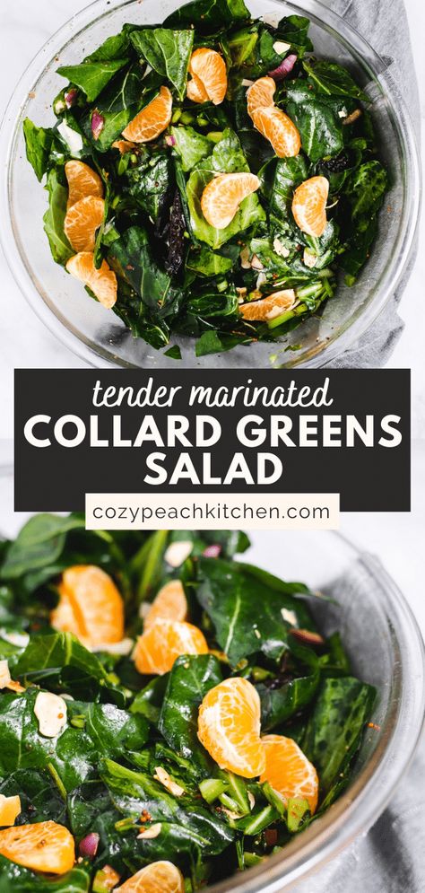 Move aside boring salads! This bright and zesty collard greens salad is marinated in a flavorful vinaigrette until tender and tossed with citrus, almonds, and a dash of Parmesan. Collard Salad Recipes, Collard Greens Salad, Roasted Red Cabbage, Zesty Salad, Salad Recipes Lunch, Main Salad, Greens Salad, Easy Vegetable Side Dishes, Vegetarian Salad