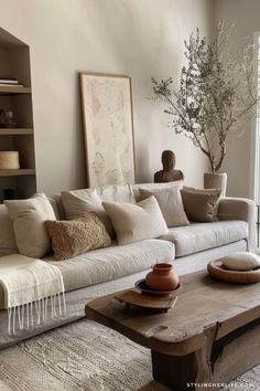 Home Decor: #homedecor, #interiordesign, #homedesign, #decor inspiration Minimalistic Interior Design Living Room, Aesthetic Living Room Grey Couch, Organic Mediterranean Living Room, Neutral Aesthetic Living Room Decor, Neutral Color Home Interior, Elegant Organic Interior, Minimal Home Style, Vintage Organic Living Room, Organic Desert Living Decor