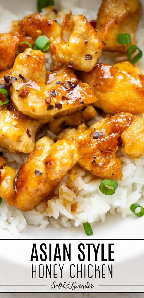 closeup of a bowl of rice and chicken with text overlay that reads asian style honey chicken Easy Honey Chicken, Asian Chicken Breast Recipes, Jasmine Rice Recipes, Top Dinner Recipes, Honey Chicken Recipe, Asian Chicken Recipes, Easy Chicken And Rice, Asian Dinners, Pan Fried Chicken