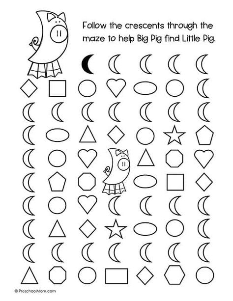 Shape Mazes for Preschoolers - Preschool Mom Shape Worksheet, Shape Activities Preschool, Preschool Mom, Easy Thanksgiving Crafts, Shapes Preschool, Shapes Worksheets, Shapes Activities, Shapes For Kids, Crescent Shape