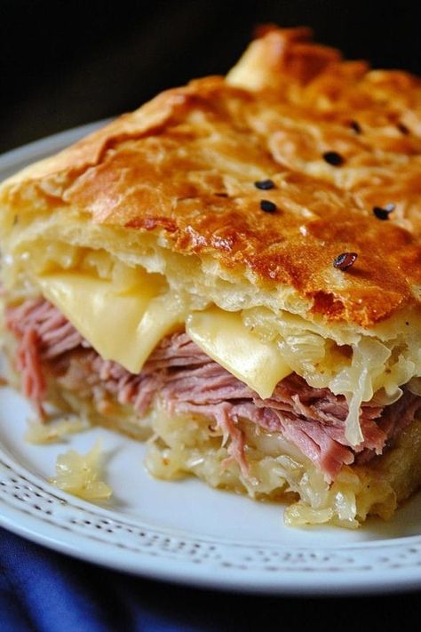 REUBEN CRESCENT BAKE Corned Beef And Sauerkraut, Reuben Bake, Classic Reuben Sandwich, Canned Salmon Patties, Reuben Sandwich Classic, Crescent Bake, Cooking Corned Beef, Main Entrees, Reuben Sandwich