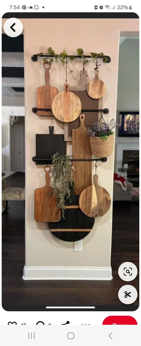 Bread Board Wall, Rustic Farmhouse Living Room, Board Wall, Cabin Kitchens, Farmhouse Decoration, Wall Racks, Display Storage, Updating House, Wall Board