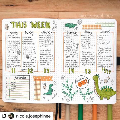 Dinosaur Bullet Journal, Journal Weekly, Bullet Journal Ideas Templates, Bullet Journal Paper, Bullet Journal Weekly Spread, Bullet Journal Themes, Bullet Journal Writing, Dinosaur Theme, Journal Themes