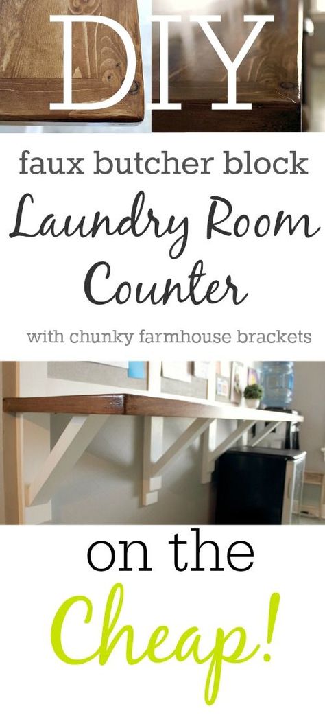 DIY faux butcher block counter that you can make for super cheap! This shows… Faux Butcher Block Countertops, Butcher Block Laundry Room, Faux Butcher Block, Cheap Laundry Room Makeover, Laundry Room Counter, Diy Butcher Block, Laundry Mudroom, Basement Laundry Room, Butcher Block Counter