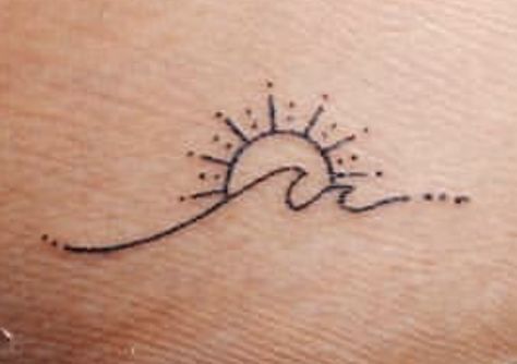 Cruising Tattoo Ideas, Girls Holiday Tattoo, Beach Wave Tattoo Ideas, Cornwall Tattoo, Sun And Sea Tattoo, Cruise Tattoo, Sun And Ocean Tattoo, Foot Tattoo For Women, Wave And Sun Tattoo