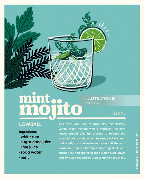 Culinary Illustration, Cookbook Cover Design, Amber Day, Chanel Perfume Bottle, Therapy Website, Top Drinks, Cocktail Illustration, Mint Mojito, White Rum