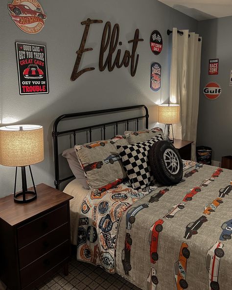 My little champ’s big boy room reveal 🏎️💨🏁 We moved Elliot into his big boy room before Delilah was born to get him used to the adjustment but I only just realized I never shared the final look! So grateful he has such a strong passion for cars at his age since it’s something I enjoy so much myself. I really wanted Elliot’s room to fuel that passion even further while also being an inviting space for me to spend lots of time in. All of the products used in Elliot’s room are linked in my... Monster Jam Room Decor, Toddler Boy Room Car Theme, Monster Truck Bedroom Ideas Boy Rooms, Monster Jam Room Ideas, Small Boys Room Ideas, Toddler Boy Room Ideas Themes, Boys Truck Room, 8 Year Boy Room Ideas, Motocross Room