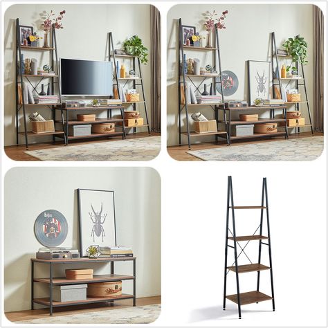 Tv Stand Area Decor, Ladder Shelf Living Room Next To Tv, Bookshelf And Tv Stand, Ladder Shelf Next To Tv, Tv Stand And Bookshelves, Tv Stand Book Shelf Ideas, Tv Stand Decor Bedroom, Ladder Shelf Living Room, Book Shelf Tv Stand