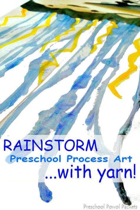 Fun rainstorm themed yarn painting preschool process art! Also great for kindergarten and elementary art lessons! Thunder Crafts Preschool, Weather Process Art Preschool, Preschool Process Art, Painting Preschool, Weather Preschool, Process Art Preschool, Water Study, Weather Activities Preschool, Water Unit