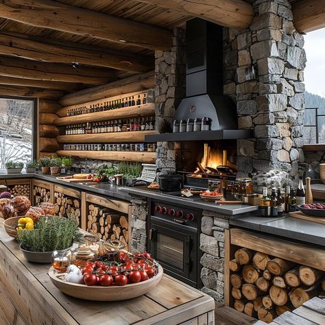 Mechanic Shop Decor, Cabin Kitchen Decor, Pizza Oven Outdoor Kitchen, Bali Style Home, Log Cabin Ideas, Kitchen Design Inspiration, Diy Outdoor Furniture Plans, Backyard Pavilion, Outdoor Living Rooms