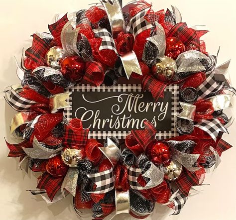 Christmas Wreath Buffalo Plaid Wreath Christmas Wreaths Red - Etsy Christmas Wreaths Buffalo Plaid, Red And Black Christmas Wreaths, Black And White Buffalo Plaid Christmas Wreath, Red And Black Buffalo Plaid Christmas Tree, Red And Black Buffalo Check Christmas, Red And Black Buffalo Plaid Christmas, Christmas Wreaths With Ribbon, Flocked Christmas Wreath, White Wreaths