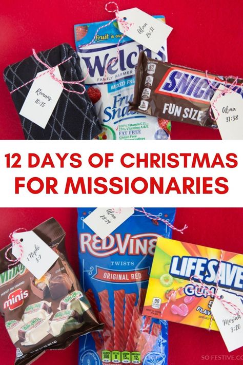 a fun Christmas gift idea for Missionaries serving for The Church of Jesus Christ of Latter-Day Saints- each tag features a missionary scripture and then has a coordinating gift to go with it! includes printable tags to make it easy to put together this missionary gift. Christmas For Missionaries, Missionary Christmas Packages, Missionary Care Packages, Popular Christmas Songs, Scripture Gift, Missionary Gifts, Package Ideas, Christmas Poems, Family Ideas